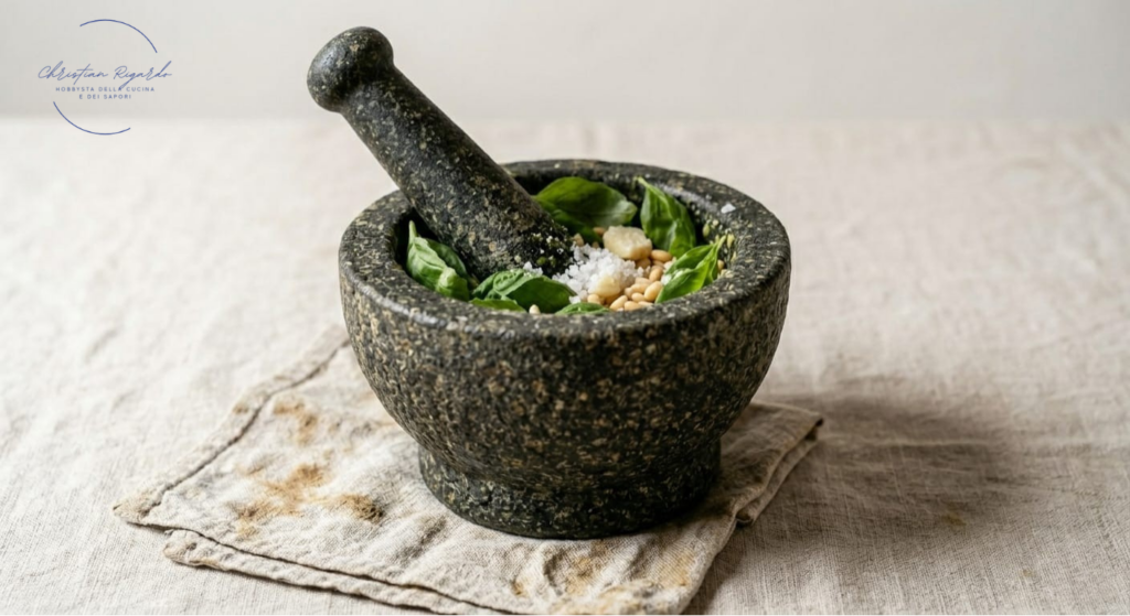 La ricetta della notta del pesto con tutti i suoi ingredienti nel mortaio