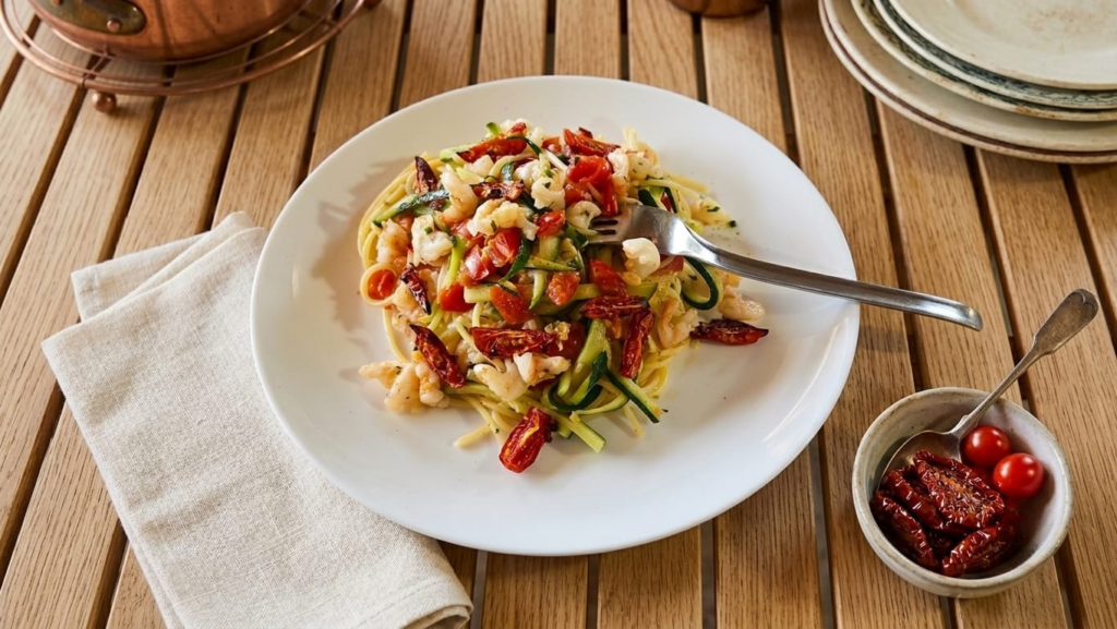 Spaghetti gamberi, zucchine e pomodori arrostiti