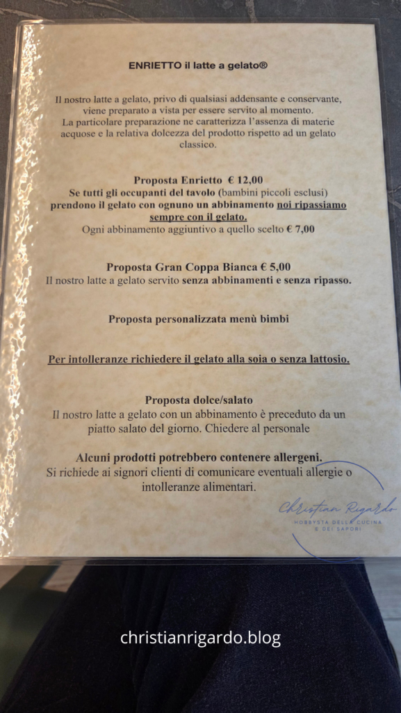 Enrietto - La prima pagina del menù nella gelateria
